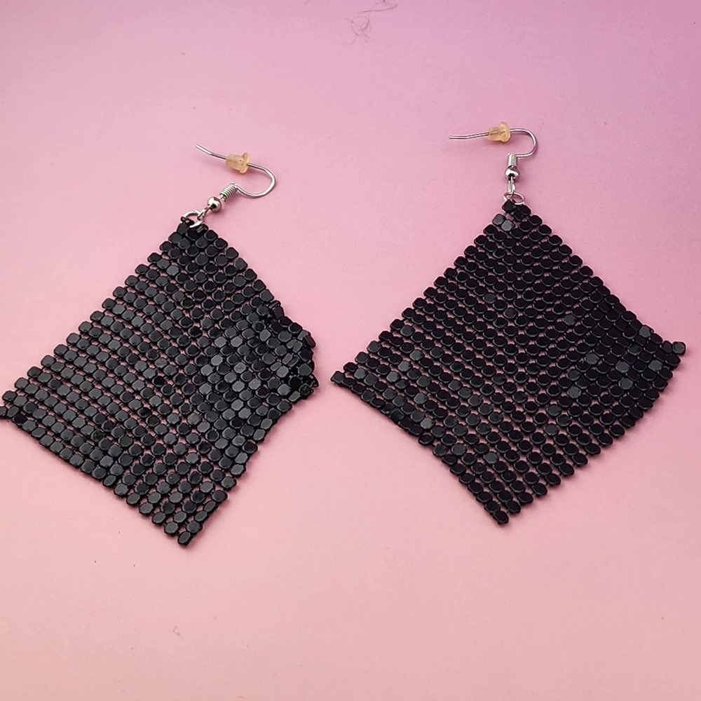 Black Chainmail Mesh Dangle Earrings Geometric Square Fringe Gothic Statement